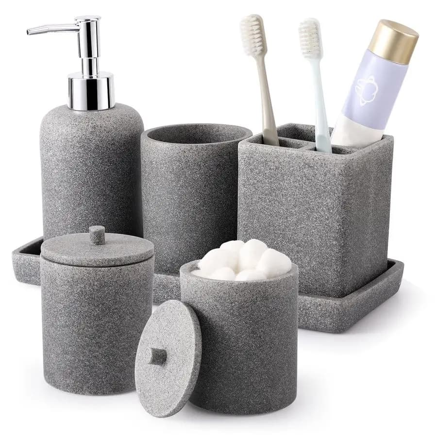 Set da Bagno Grigio 6 Pezzi Completo con Portaspazzolino, Dispenser Sapone Liquido, 2 Dispenser Porta Bastoncini Q-tip, Vassoio da Toilette, Accessori Bagno