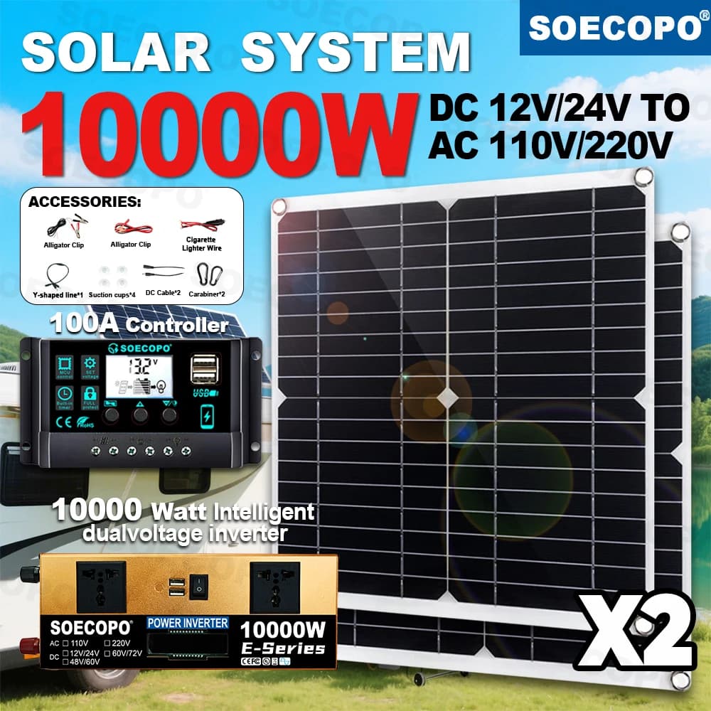 Kit Sistema Solare SOECOPO 10000W di Potenza di Picco con 2 Pannelli Solari da 300W, Inverter DC 12V 24V - AC 110V/220V e Regolatore 100A per Casa e Campeggio