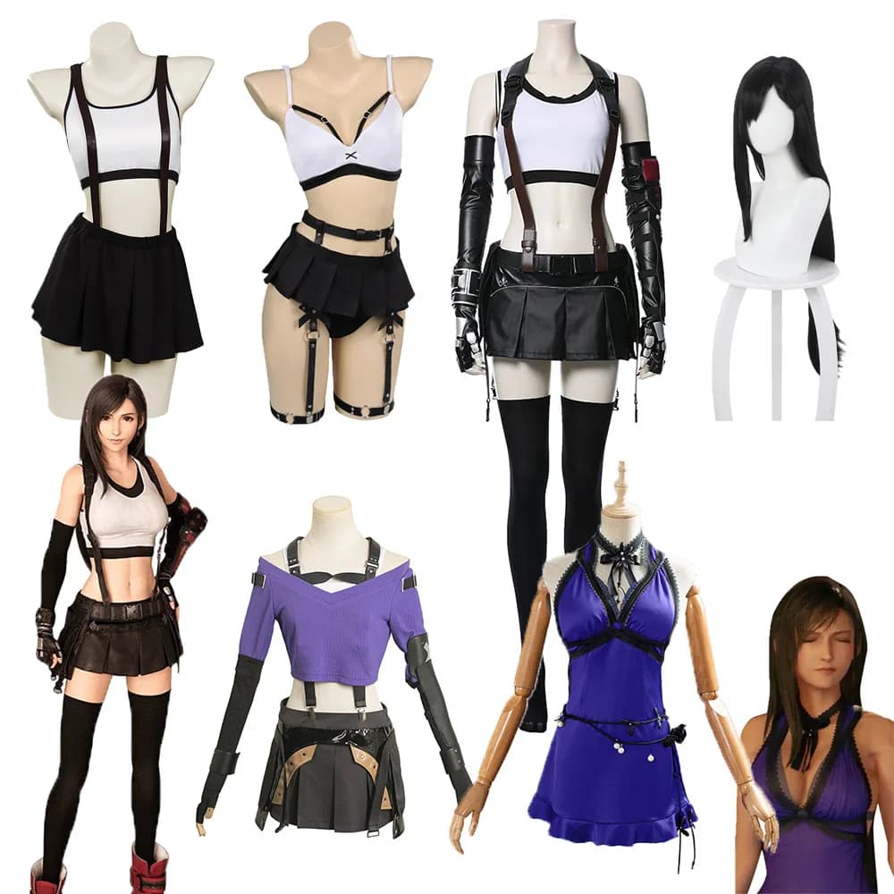 Fantasy Tifa Lockhart Cosplay gilet gonna pantaloni Leggings Costume donna ragazze Fantasia abiti parrucca Halloween Party Suit