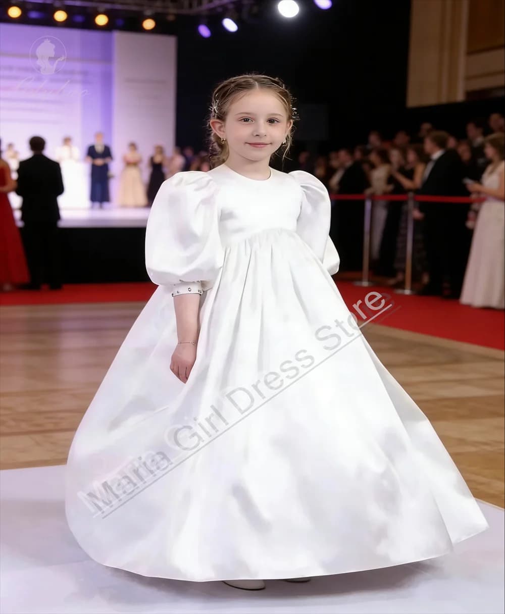 Abito da Principessa Personalizzato per Ragazze in Tessuto Satinato con Maniche a Sbuffo e Decorazioni di Perline, Adatto per Matrimoni e Prima Comunione