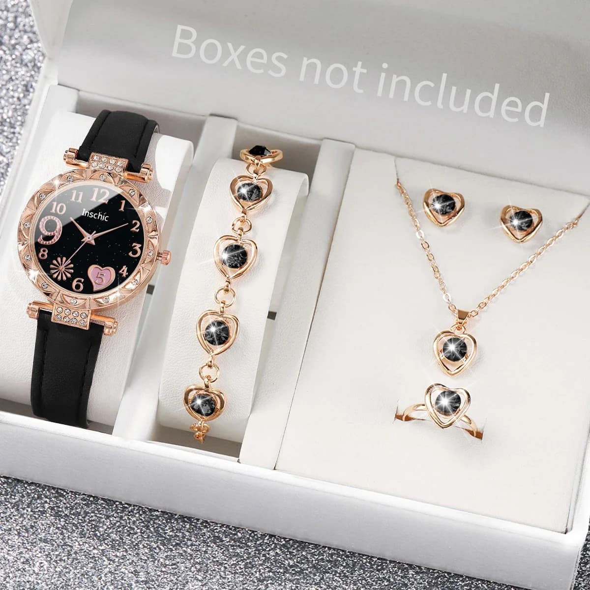 Orologio da donna 6 pezzi, orologio al quarzo con quadrante a forma di cuore, cinturino in pelle, set di gioielli con strass (senza scatola)