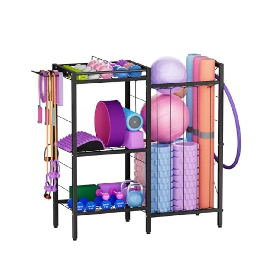 3 level holders for handlebars, yoga mats, kettlebell, foam roller, resistance bands and training balloons, with elastic straps