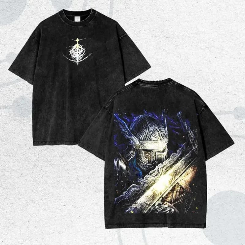 T-Shirt Anime Elden Ring Maliketh Vintage Washed, Cotton T-shirt for Men and Women, Streetwear Harajuku Oversize, Top Casual Summer with Round Neck