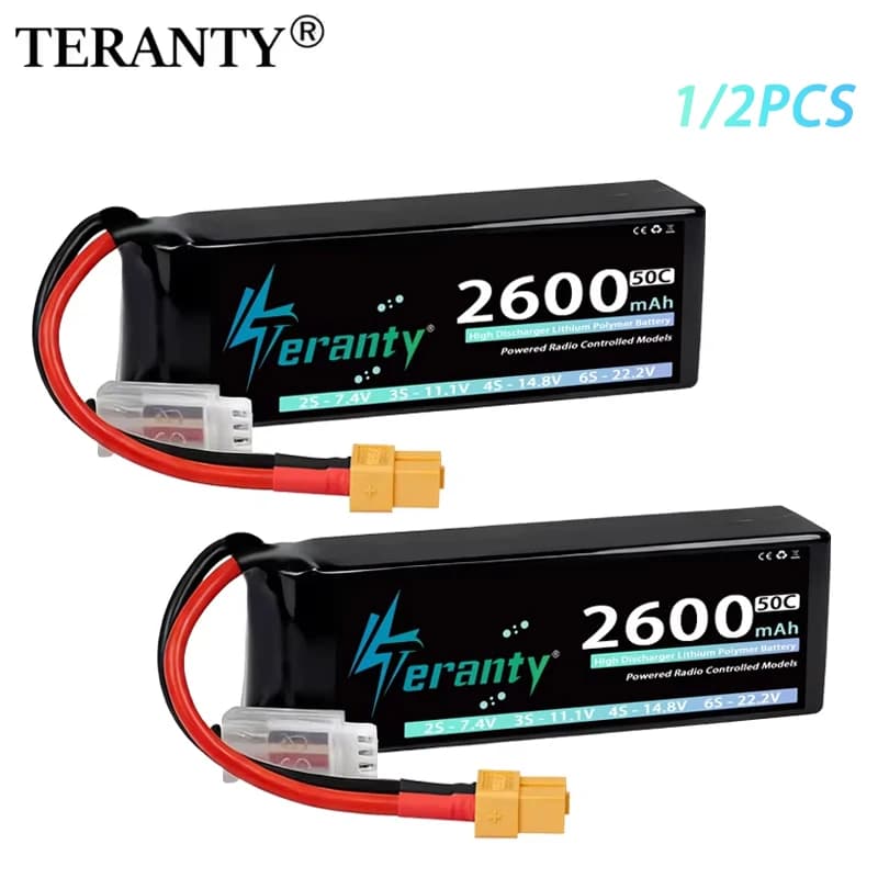 1/2 Pezzi Batteria Lipo TERANTY 2S 7.4V 2600mAh 50C/100C con Connettore T X60 per Auto, Camion, Buggy, Barca, RC, FPV, Drone, Elicottero, Aeroplano
