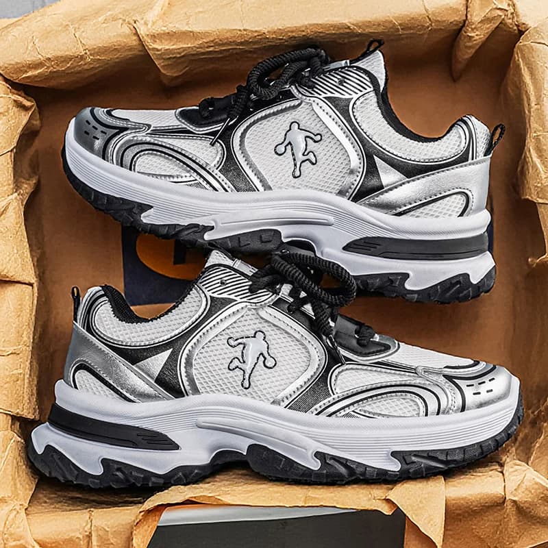 Sneakers Chunky Men's Breathable LOEIKAN, Shoes Platform Dad Shoes Bicolor Silver and White