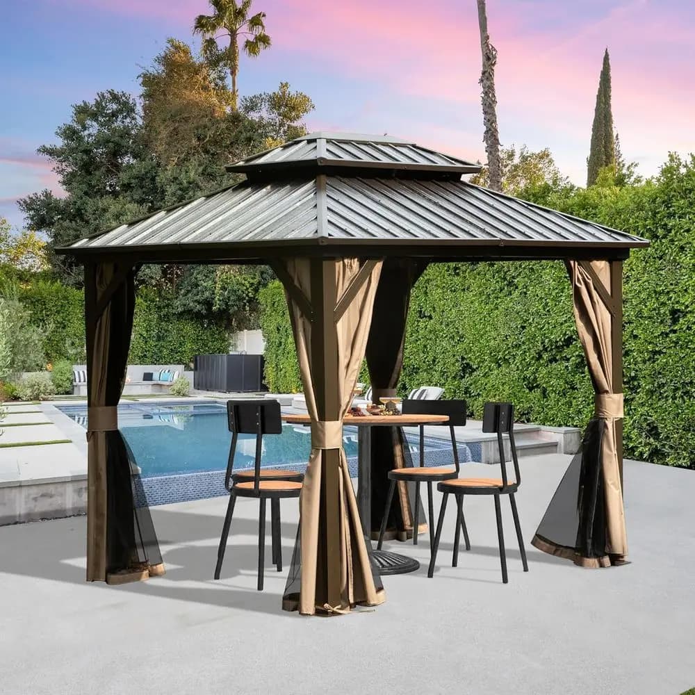8' x 10' Metal Hardtop Gazebo with Double Roof, Curtains, and Netting for Outdoor Events and Patio Use
