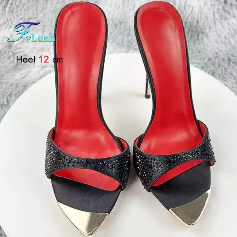 2025 New black crystal high heels 8 cm women shoes slippers thin heels metal tip pumps women peep toe slides party shoes