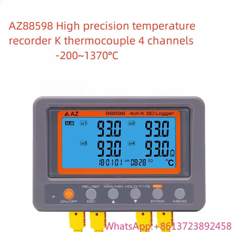 AZ88598 Termometro Digitale a 4 Canali con Termocoppie Tipo K, Registratore di Dati e Ampio Display LCD