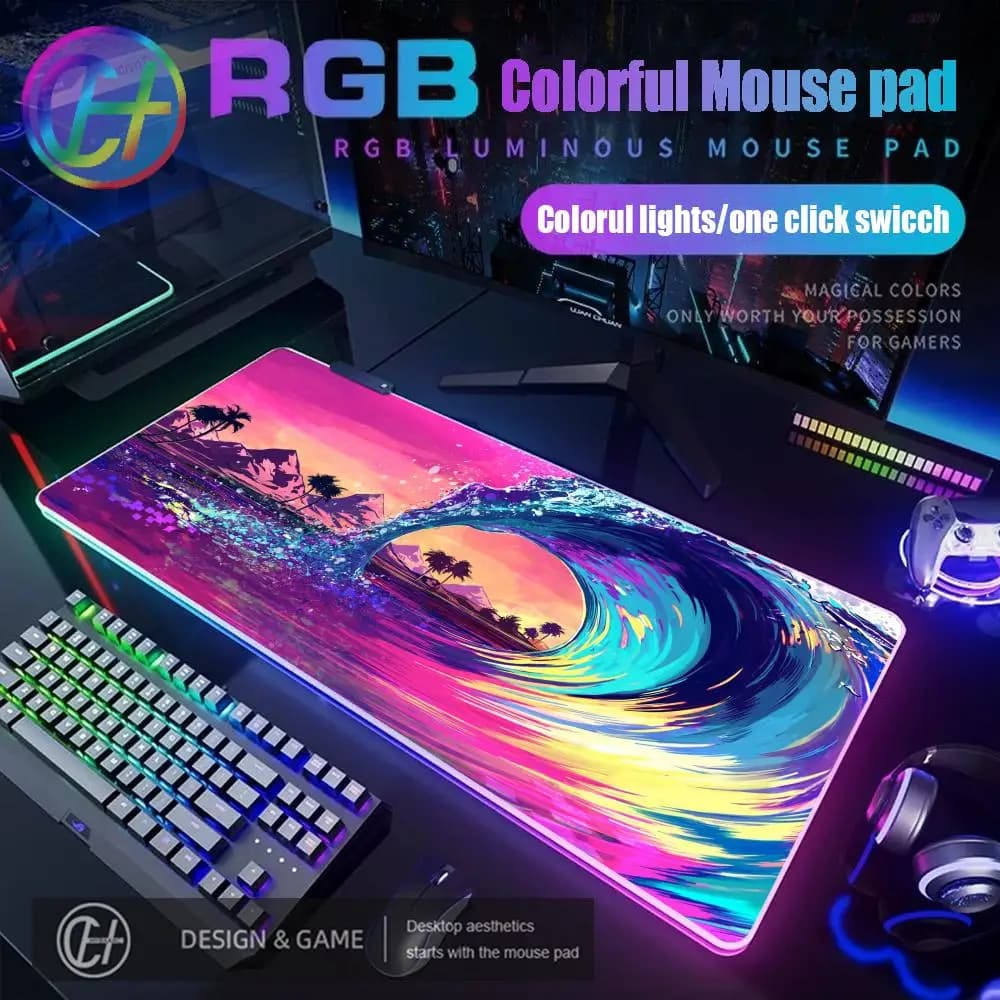 HYBXAXC Tappetino per Mouse da Gaming 900x400x4mm Great Wave, Tappetino RGB HD per Gamer, Grande Tappetino LED XXL 80x40