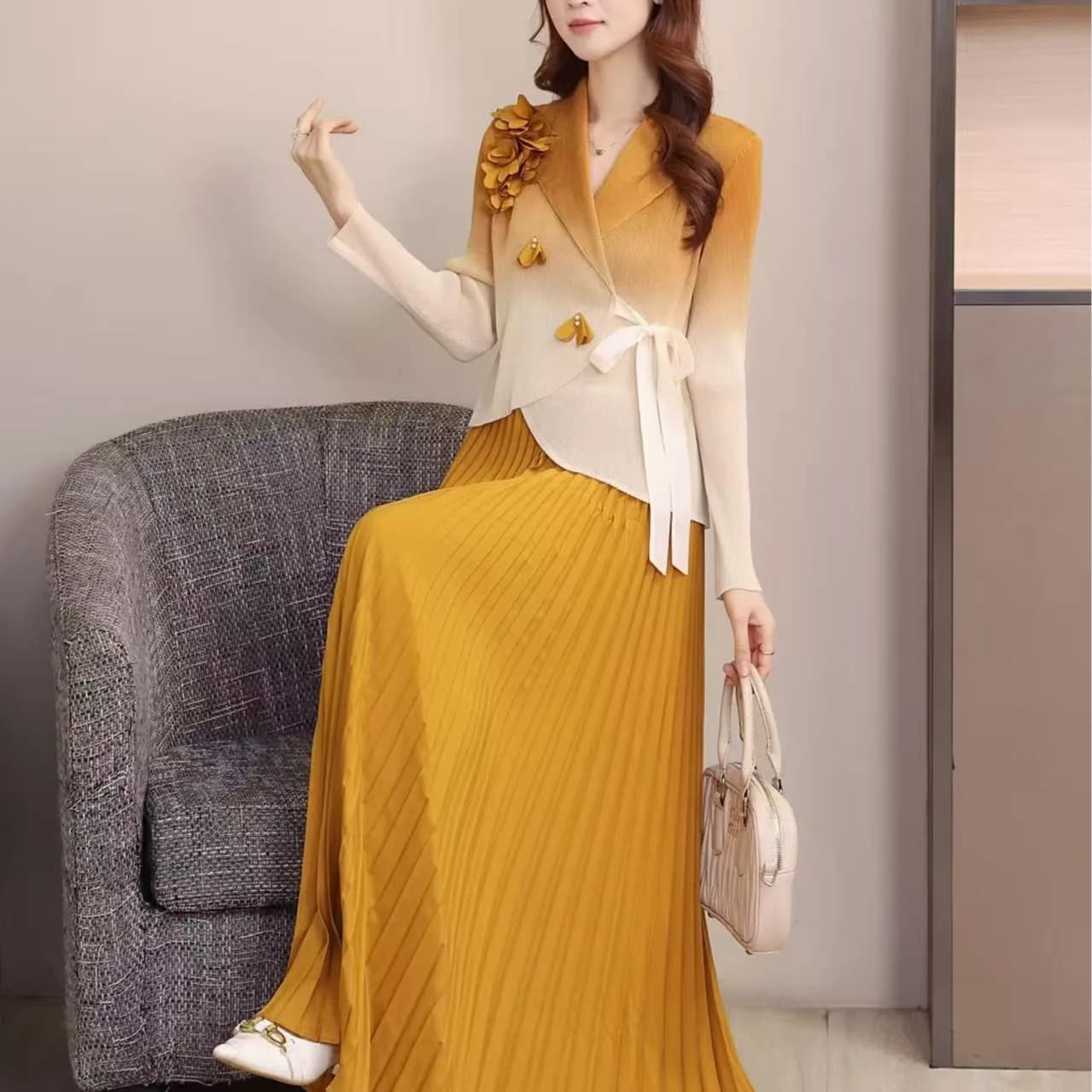 A-Line Midi Dress with Sash And 3D Flower Decoration Gradient Color Pleated Skirt Elegant High Waist Polyester Spring Autumn ...