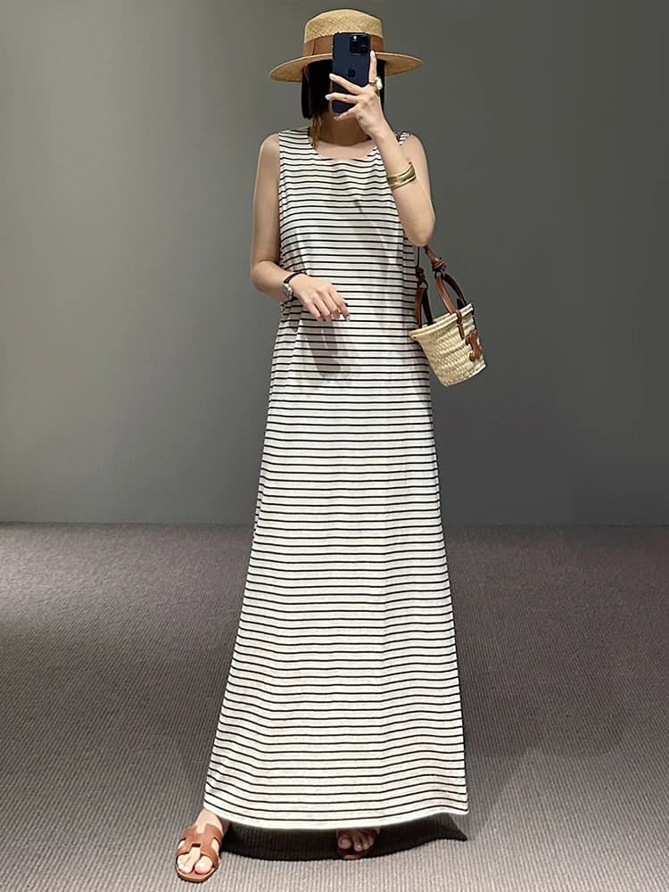 AnnaLemon Abito Estivo Leggero a Righe Senza Maniche in Cotone con Scollo Rotondo, Vita Morbida e Gonna Lunga a Trapezio, Stile Casual Elegante