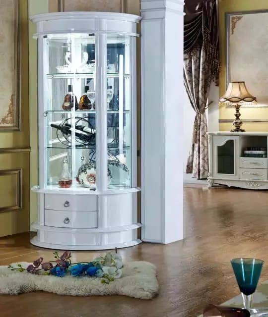 Elegante e moderno mobiletto portaoggetti in MDF bianco, espositore per vino, rotondo, alto, in vetro, pieghevole, per hotel, soggiorno, cucina, casa