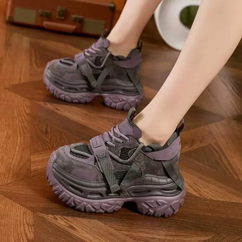 2026 Women Fashion Platform Sport Shoes Women New Summer Autumn Black Casual Chunky Sneakers Women Mesh Leather Platform Shoes