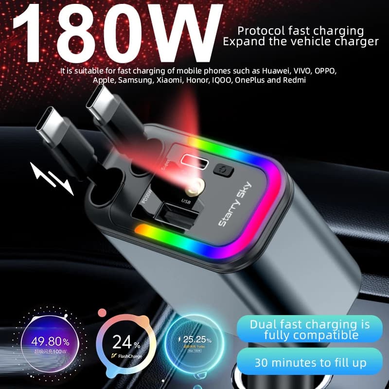 Car Charger 4 in 1 with 2 Retractable Cables 180 W Quick Charger Power Adapter Car Charger with Starlight for Android IOS Phones