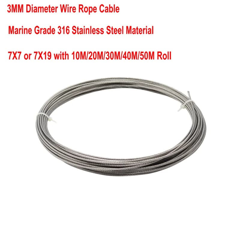 3MM 10M/20M/30M/40M/50M Marine Roll 316 Stainless Steel Soft 7X7 7X19 Wire Cord for Ocean Lence Lift Water Pump
