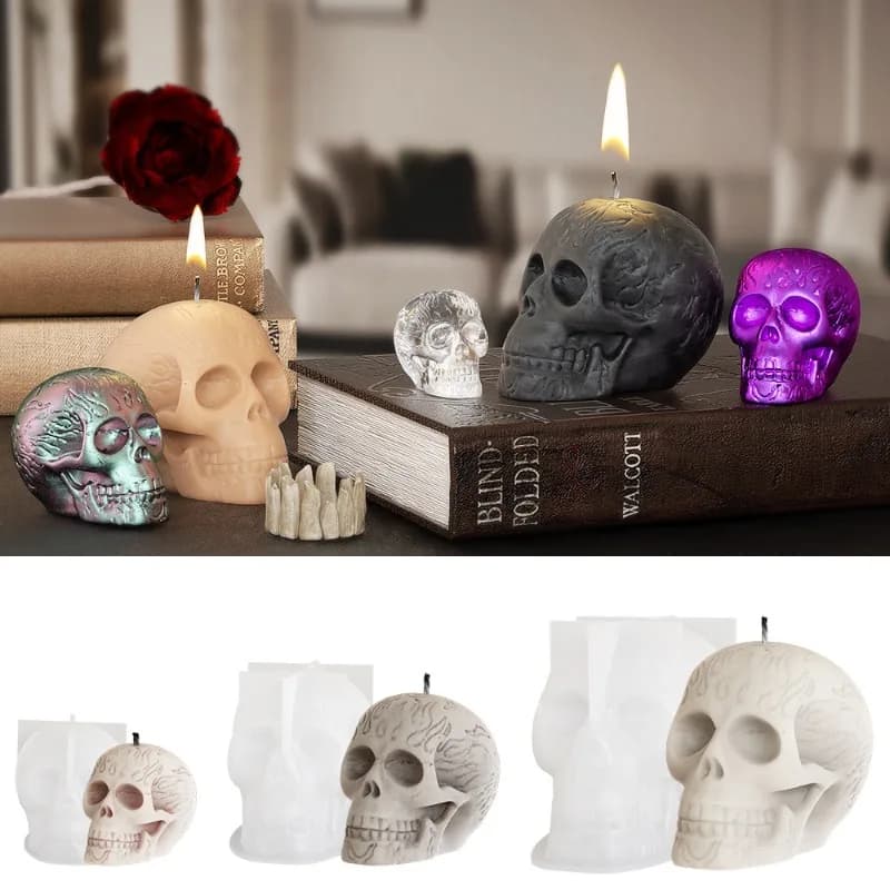 3D skull silicone mold with flame pattern made of epoxy resin, suitable for candle placement, table decoration, and accessories