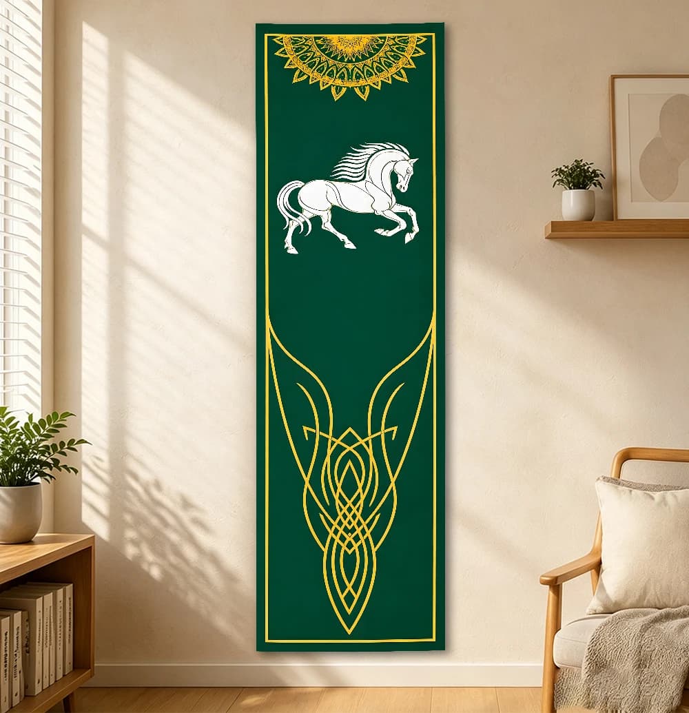 Vertical Long White Horse Totem Tapestry Dark Green Background Golden Ornament Pattern Wall Hanging Medieval Style Bedroom Dorm