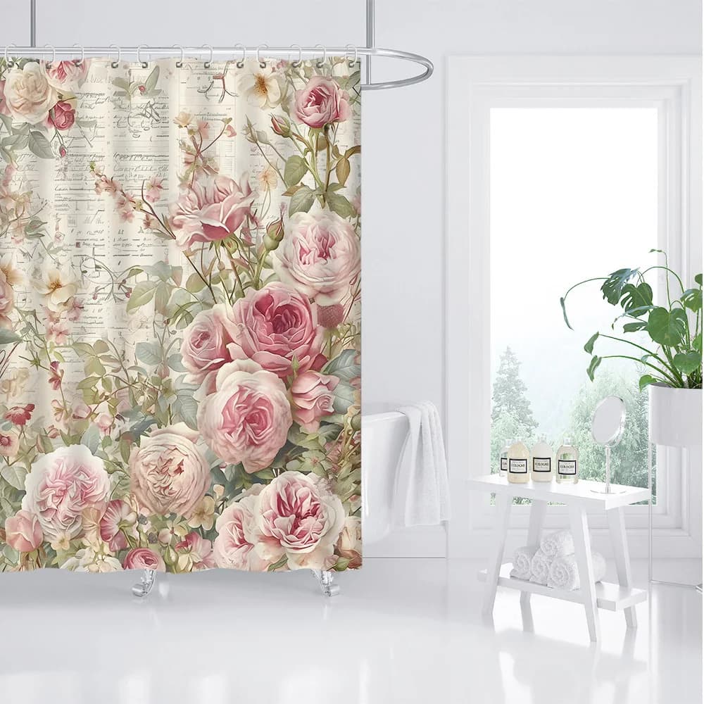 Elegante tenda da doccia vintage rosa rosa con motivo floreale con accenti dorati, perfetta per l'arredamento di San Valentino e matrimoni