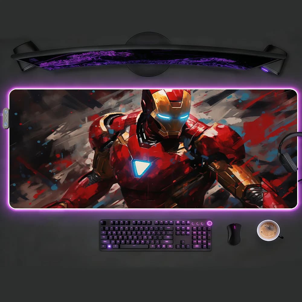 Tappetino per mouse Spuerhero I-Iron M-Man RGB LED, tappetino da scrivania antiscivolo in gomma, accessori da gioco, tappetino grande XXL per computer e tastiera da ufficio