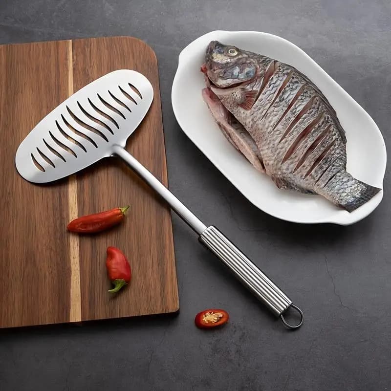 Nuovo! Spatola Grande in Acciaio Inossidabile per Friggere Pesce, Paletta Antiaderente per Uova, Paletta Lunga con Manico per Bistecche, Spatola Piatta Forata, Utensile da Cucina
