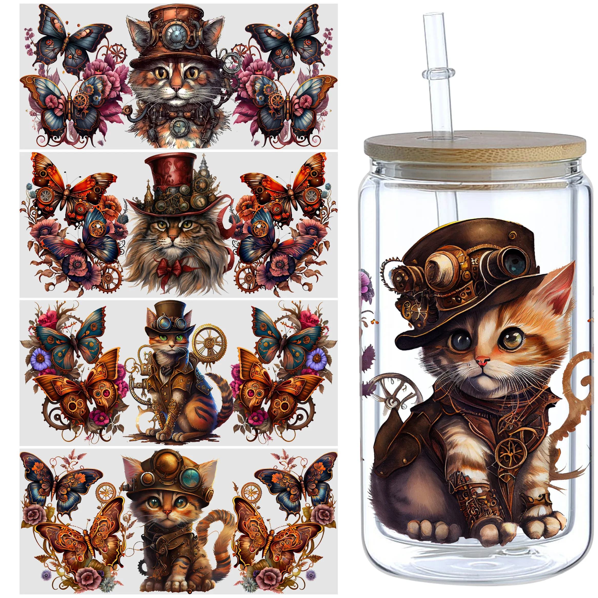 5 fogli Steampunk Cat UV DTF Cup Wrap, adesivi di trasferimento Sport DTF per tazza di vetro, divertente Steampunk Alien Rub on impermeabile