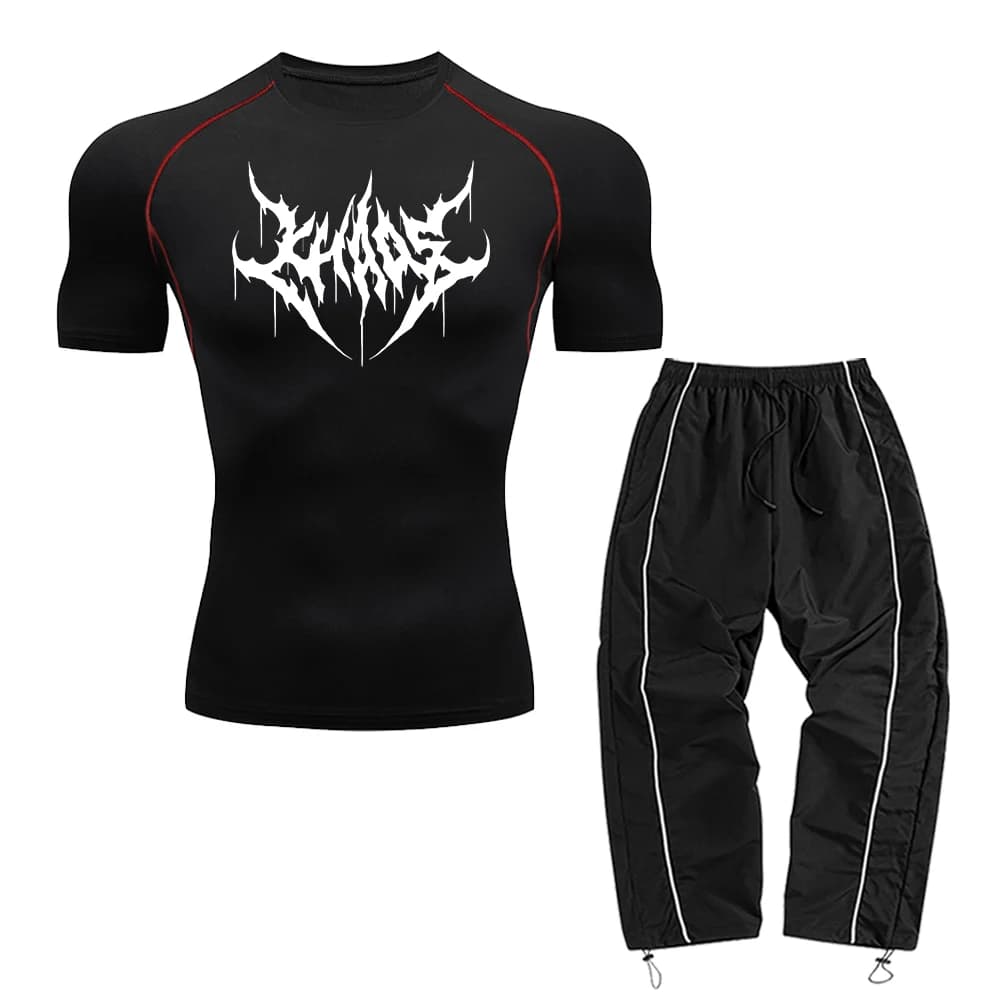 Set casual da uomo in due pezzi che include un top stampato a maniche corte e pantaloni lunghi adatto per l'allenamento fitness e l'abbigliamento da pendolarismo