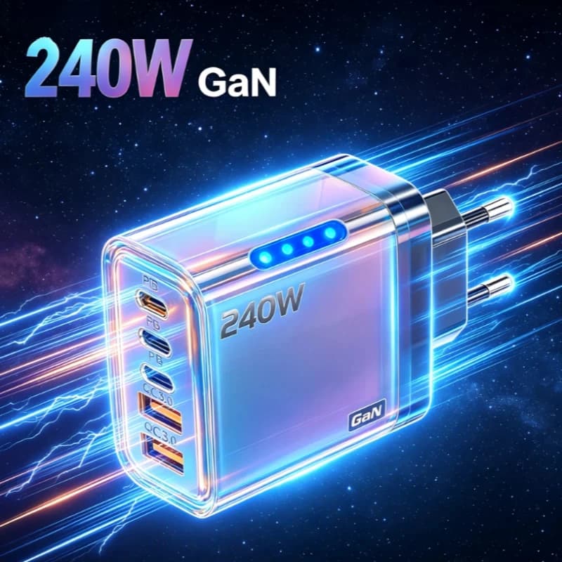 5 in1 GaN USB C Desktop Charger 240W Fast Charge Phone Adapter 10A Type C Cable For iPhone Samsung Xiaomi EU/US/UK Plug Charger