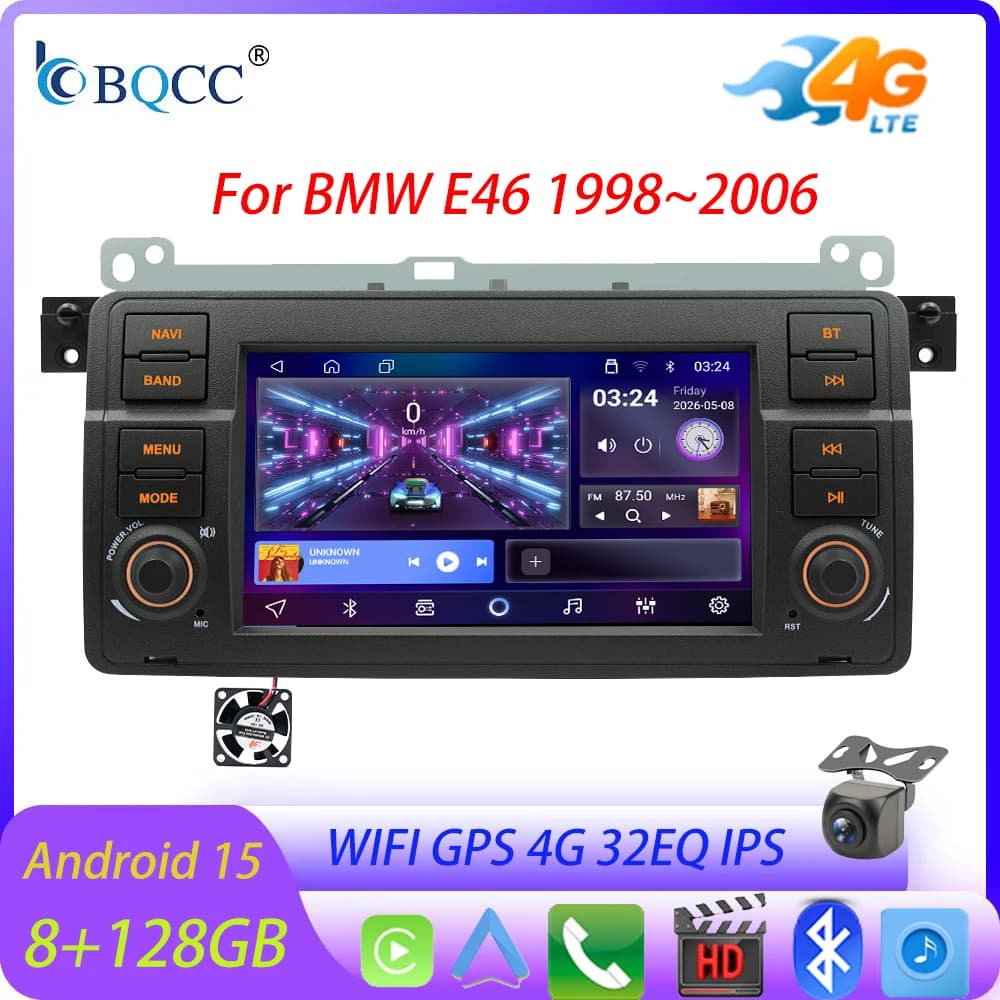 BQCC Android 15.0 Car Multimedia Player CarPlay GPS Navigation 4G WiFi Bluetooth DSP RDS Stereo Car Radio For BMW E46 1998-2006