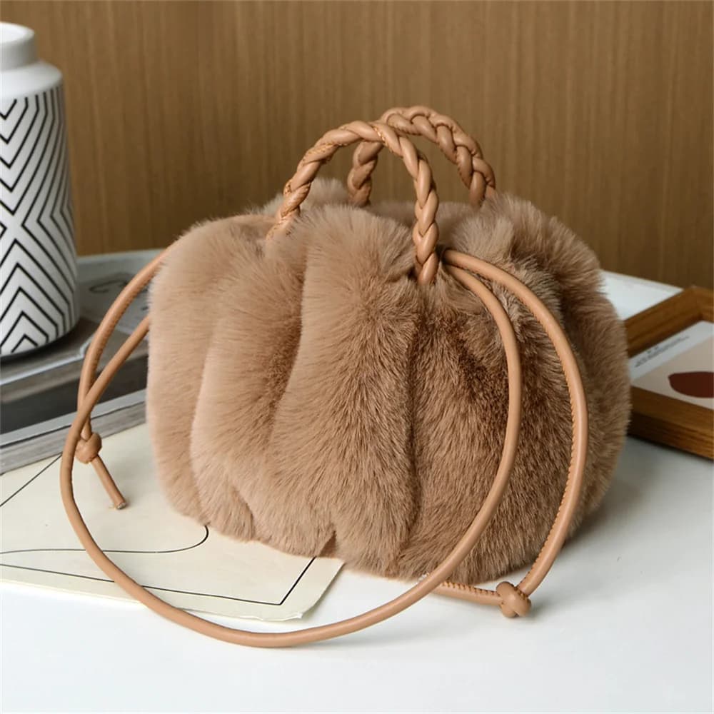 Women's Shoulder Bag in Pumpkin Shaped Plush, Cute Tote Bag, Solid Color Handbag Fashion Autumn Winter, Travel Shoulder Bags