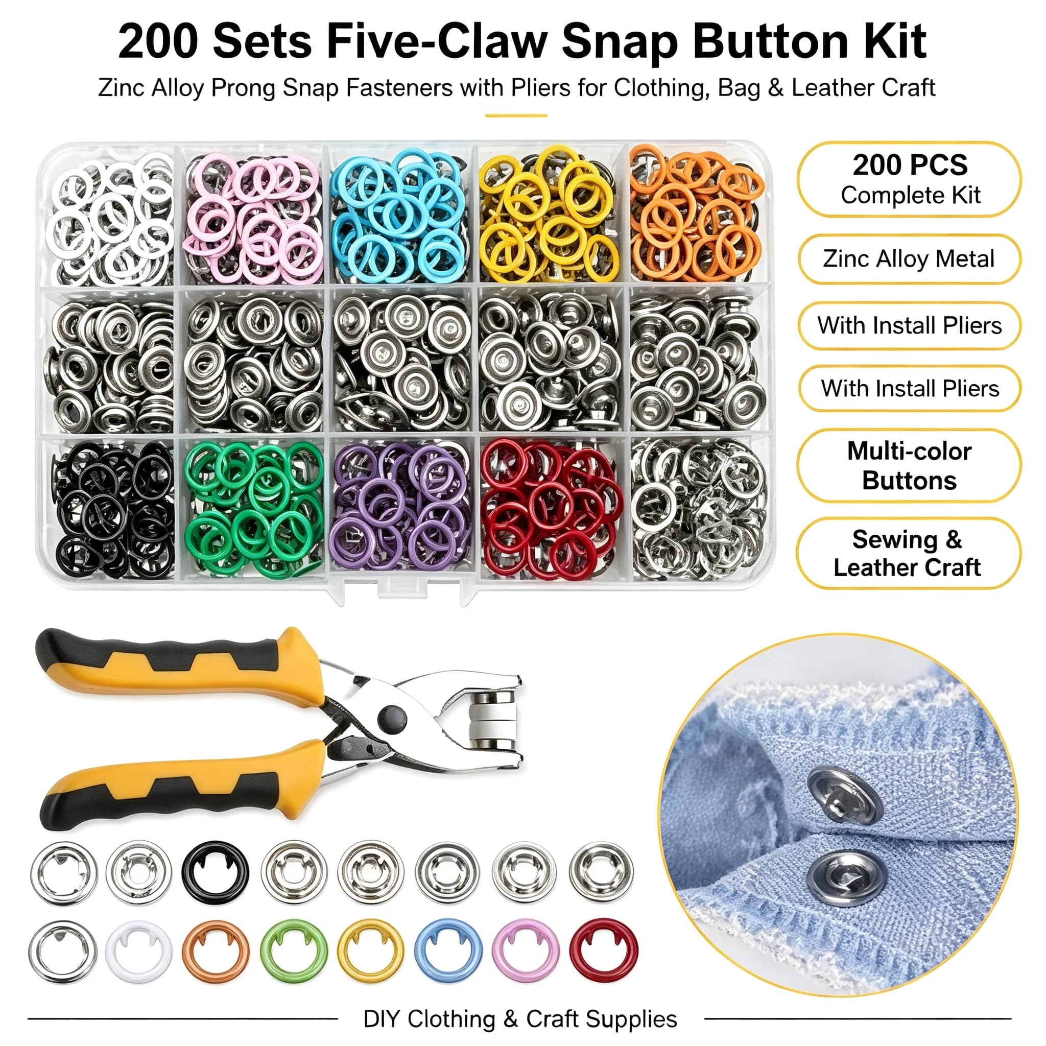 200 Sets Zinc Alloy Five-Claw Snap Button Kit, Metal Prong Snap Fasteners with Pliers Tool for DIY Sewing Clothing Bag Leather