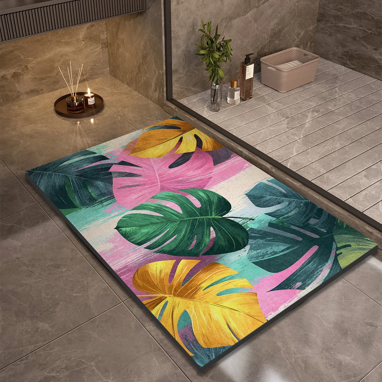 Tappetino da Bagno con Stampa Foglie Tropicali, Super Assorbente, Antiscivolo, ad Asciugatura Rapida, Lavabile
