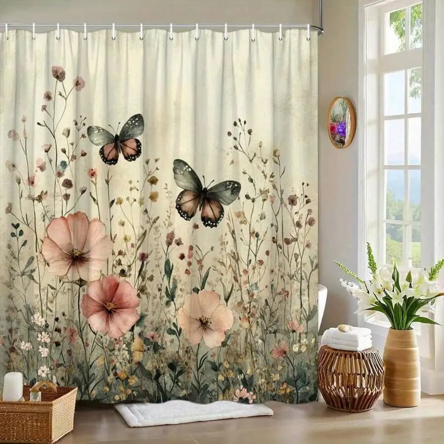 Tenda da doccia floreale con farfalle, fiori rosa pesca, morbido poliestere beige lavabile con ganci, decorazione naturale per il bagno
