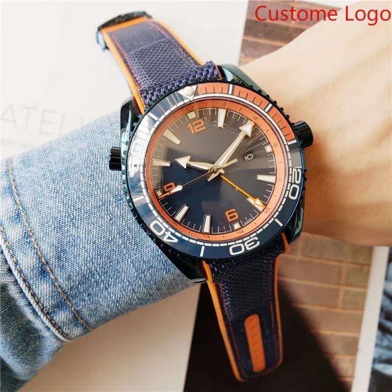 Men GMT Diving Watch Blue Orange Two-Tone Bezel, Woven Nylon Rubber Hybrid Strap Luminous Waterproof Sports Wristwatch For Travel Outdoor Diving