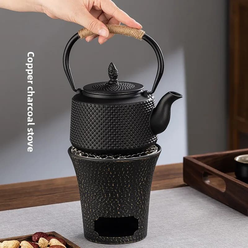 Cast Iron Kettle with Electric Ceramic Stove Set, Vintage Straight Grain, Walnut Base, High Power for Home Tea Boiling Complete