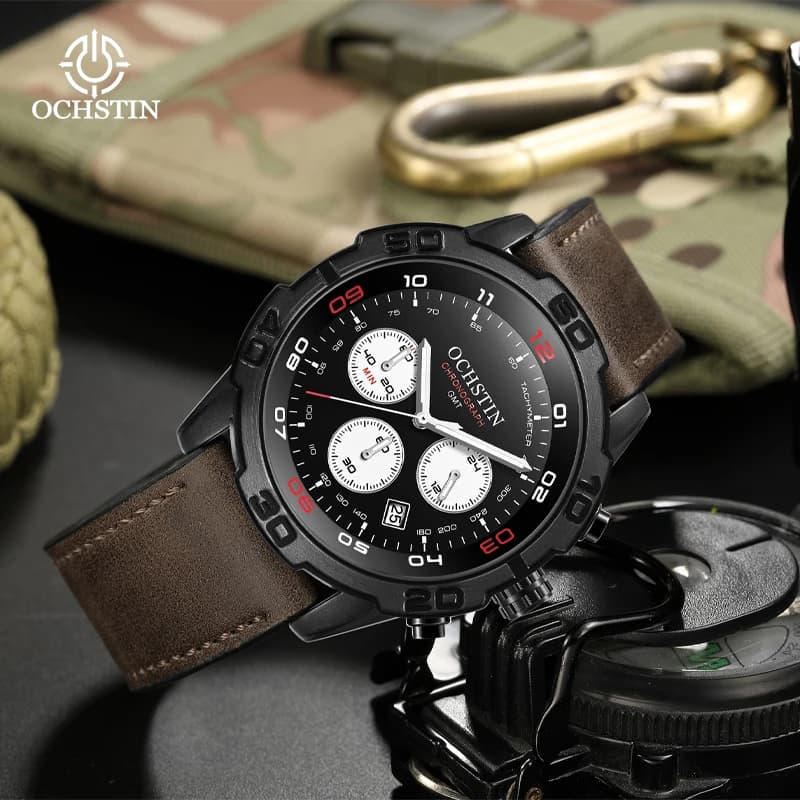OCHSTIN Leather Strap Wristwatch Man Quartz Movement Calendar Waterproof Fashion Clock Male Mineral Hardened Glass Sports Watch