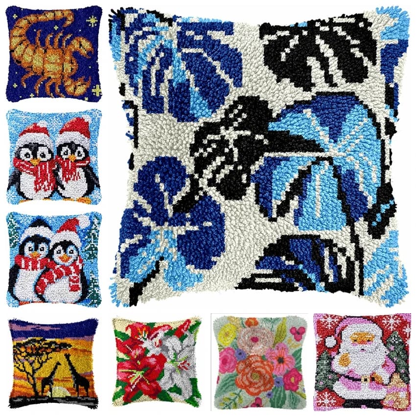 Kit per Cuscini e Tappeti con Tecnica Latch Hook, Serie Cartoon, Ricamo Babbo Natale, Cuscini Annodati a Maglia