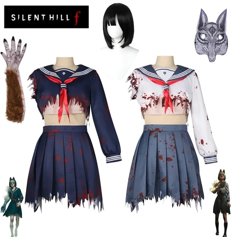 ABC1232025 SILENT HILL F Costume Cosplay Parrucca Uniforme da Marinaio Shimizu Hinako Maschera a Forma di Volpe per Donna Halloween,3'f.5;j.8