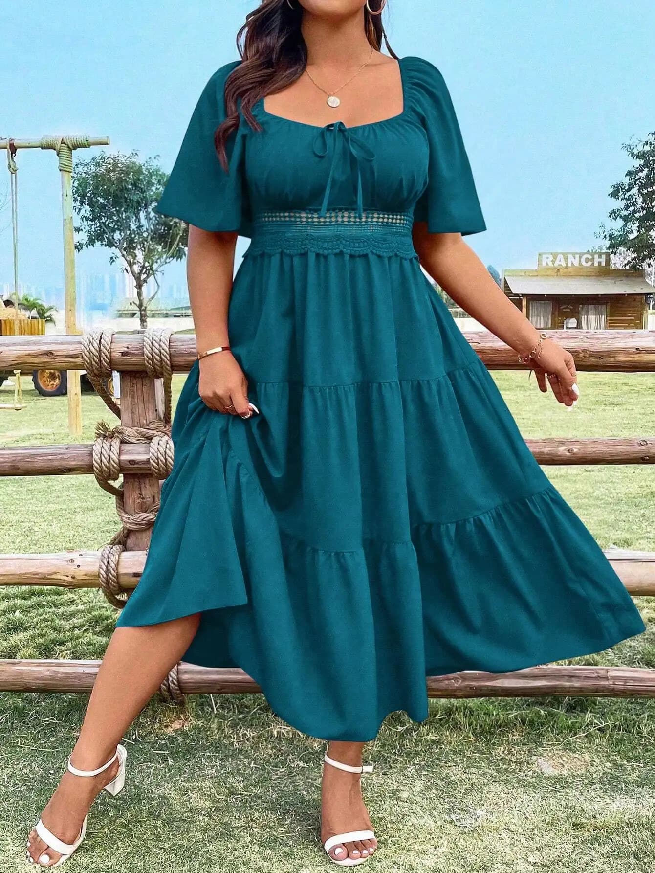 Elegant Teal Tiered Maxi Dress With Square Neck And Puff Sleeves