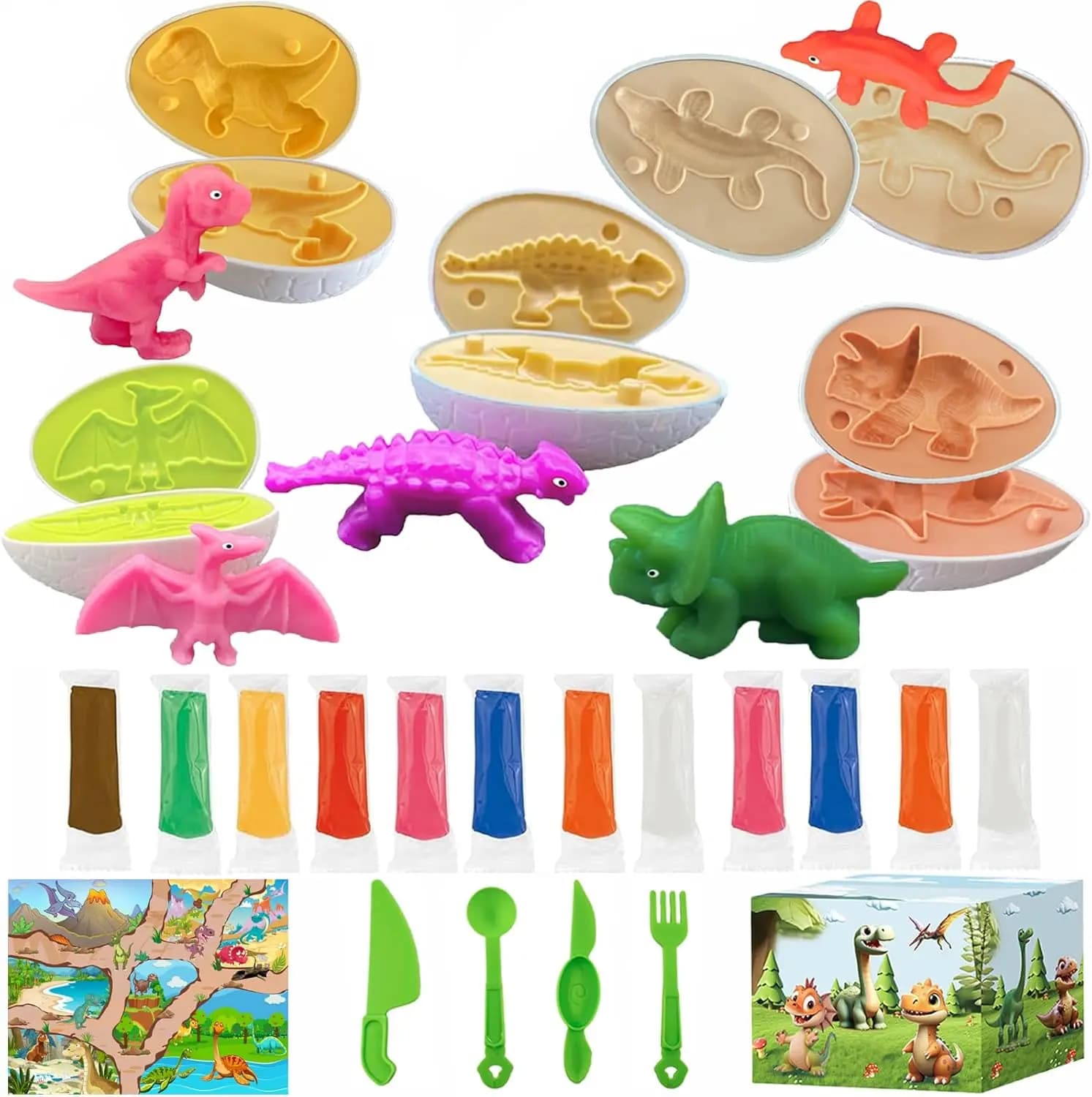 Set di Uova di Dinosauro in Pasta Modellabile per Bambini 3-8 Anni, Decorazioni per Cesto di Pasqua con 12 Colori di Argilla, Stampi e Strumenti, Non Tossico