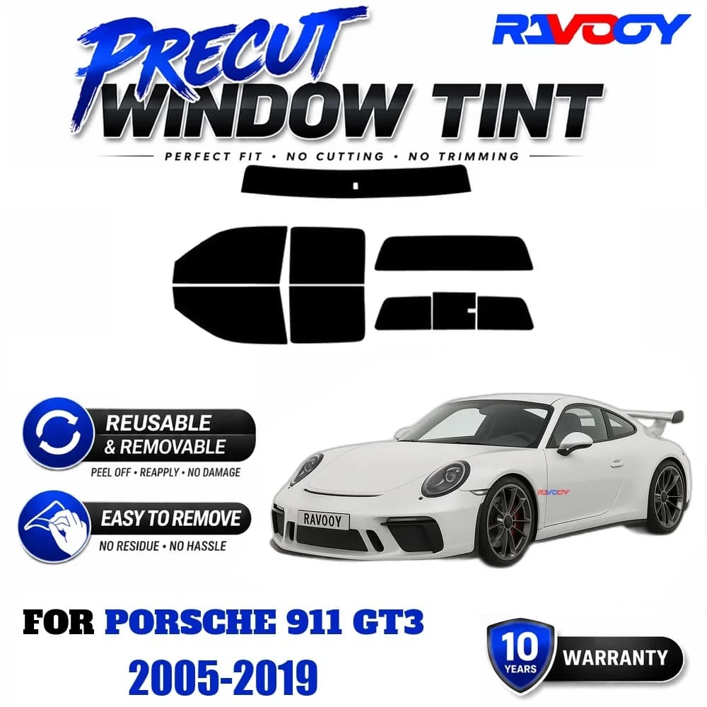 RAVOOY Precut Window Tint, Reusable Removable EPU Film, Custom Fit for Porsche 911 GT3 2005-2019, UV Heat Protection