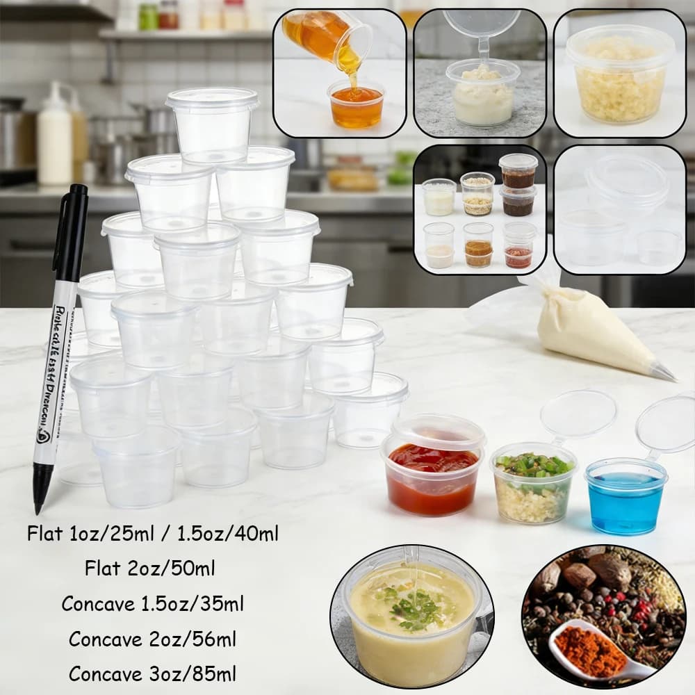 Contenitori per salse usa e getta da 50 pezzi, bicchieri in plastica da 25-85 ml con coperchi per salse, campioni e conservazione degli alimenti, resistenti alle perdite