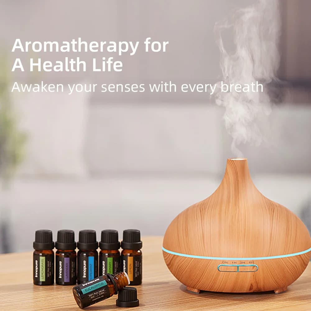 Diffusore di Aromi 550ml e Set di 6 Oli Essenziali, Umidificatore a Nebbia Fredda con Spegnimento Automatico Senza Acqua, Effetto Legno Giallo