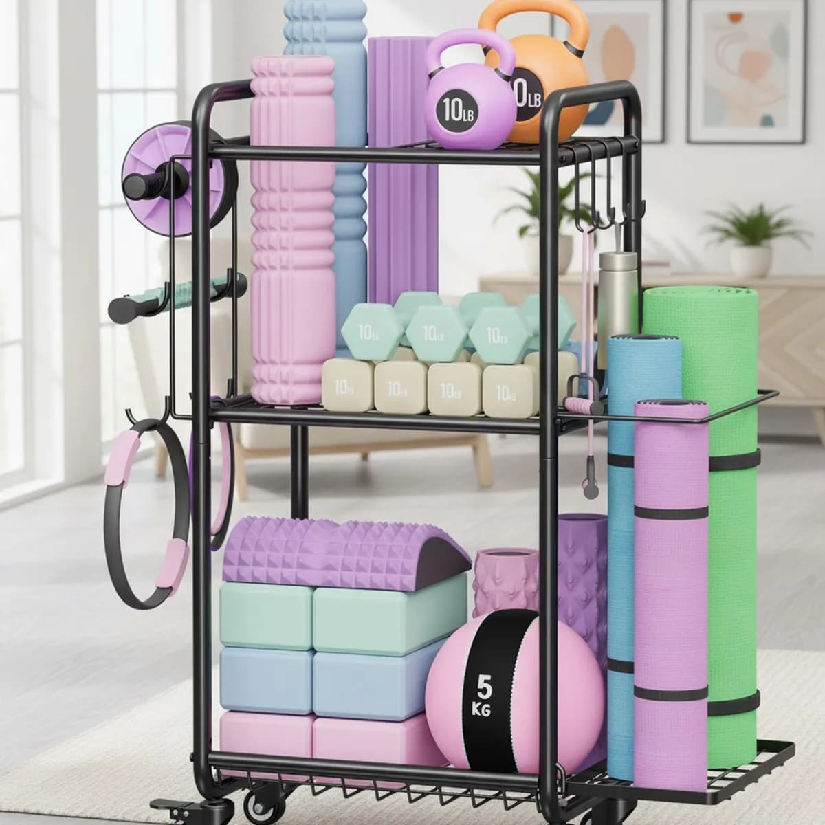 Home Gym Storage Cart Wheels Hooks for Dumbbell Kettlebell Yoga Mat Large Capacity