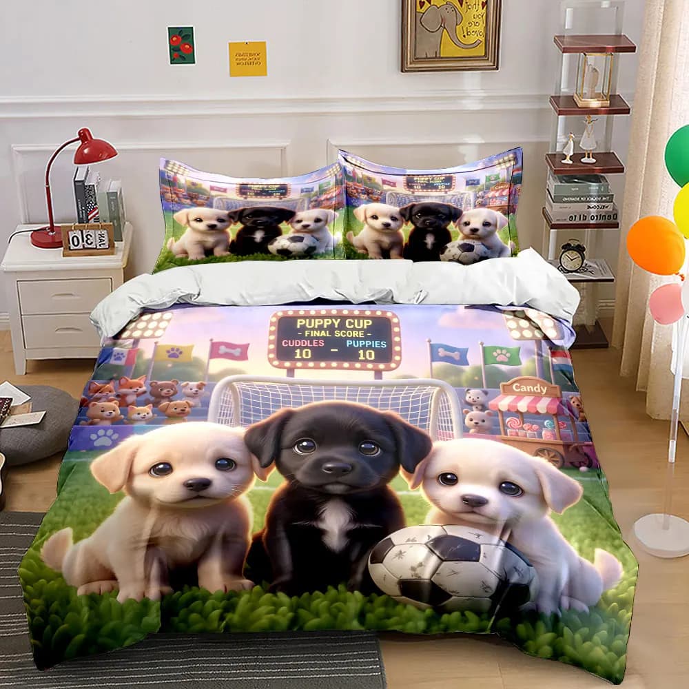 Adorabili cuccioli a tema partita di calcio, set copripiumino con stampa digitale, biancheria da letto colorata in poliestere con chiusura a cerniera, ideale come regalo.