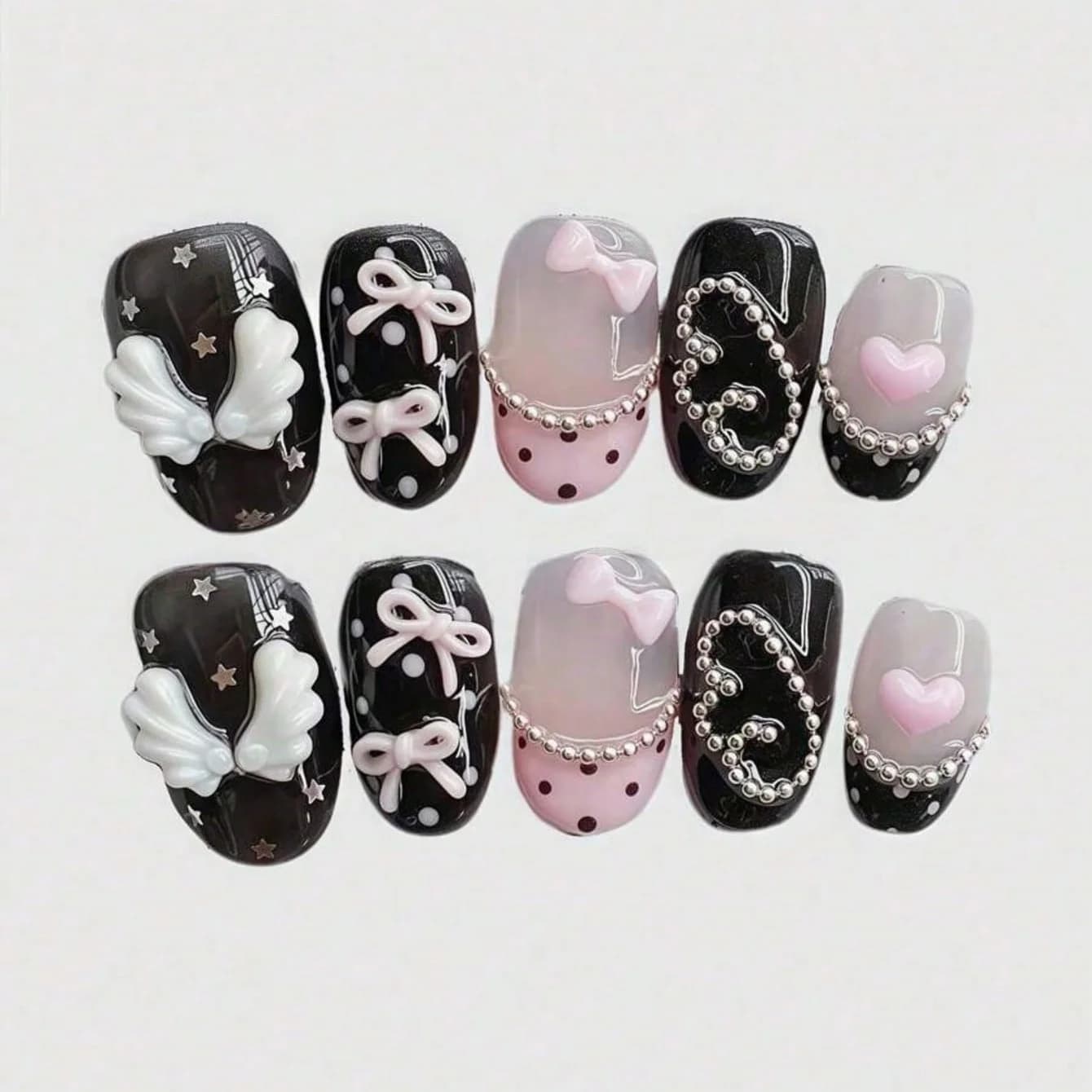 10 pezzi di unghie finte corte circolari pressate a mano, bellissime unghie finte, dolce e raffinato fiocco rosa, adatte per le donne.