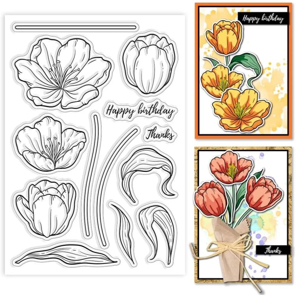 Tulip Clear Stamps Flowers Blessings Silicone Clear Stamp Plants and Leaves Transparent Stamps for DIY Scrapbooking making kit