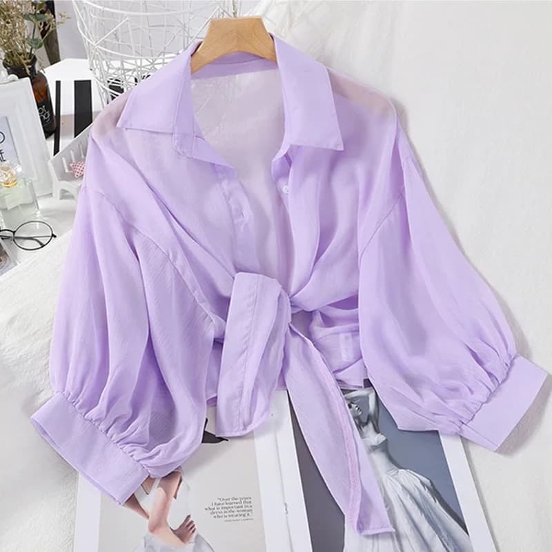 Camicia estiva da donna in chiffon a mezza manica con pipistrello, casual, con bottoni larghi, abiti bianchi vuoti, elegante camicetta in vita legata in tinta unita 9776