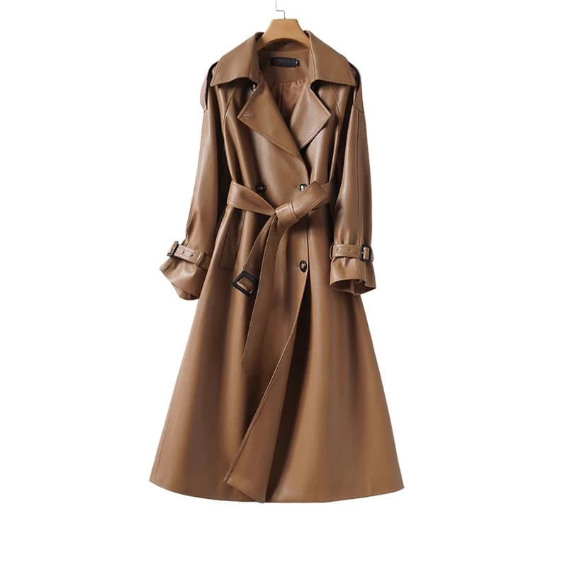 2025 Autunno classico trench lungo in pelle di pecora da donna elegante cintura con lacci da donna doppiopetto in pelle crosta di media lunghezza capispalla