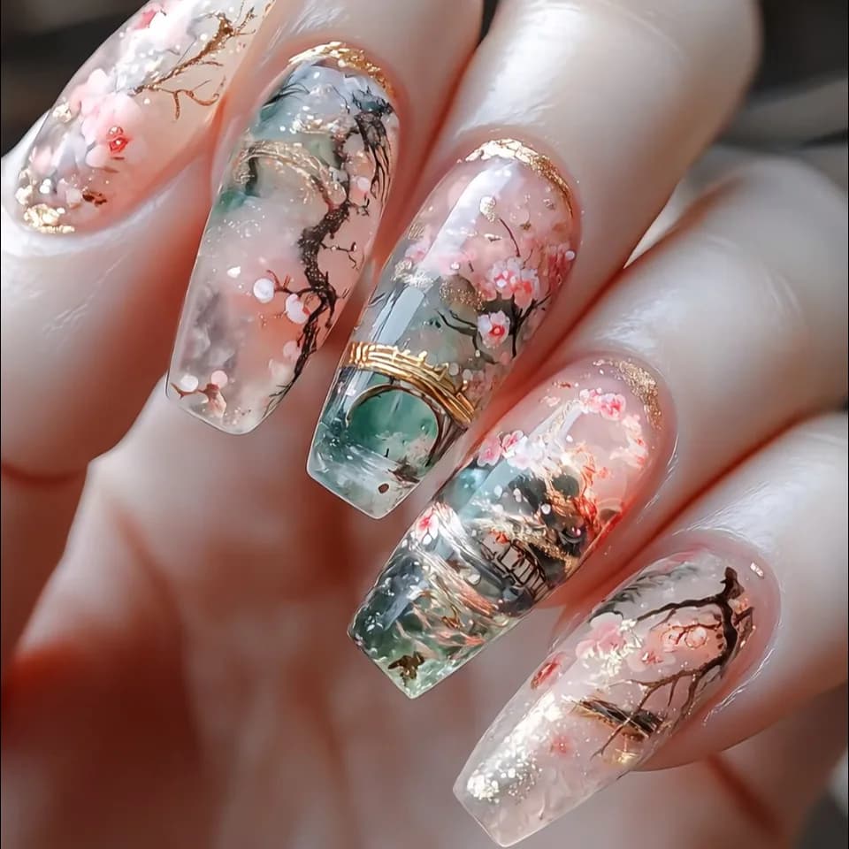 24 wearable nail sets fake pink flower long coffin fake nails finished fashion glitter ballet print on nail tips manicure