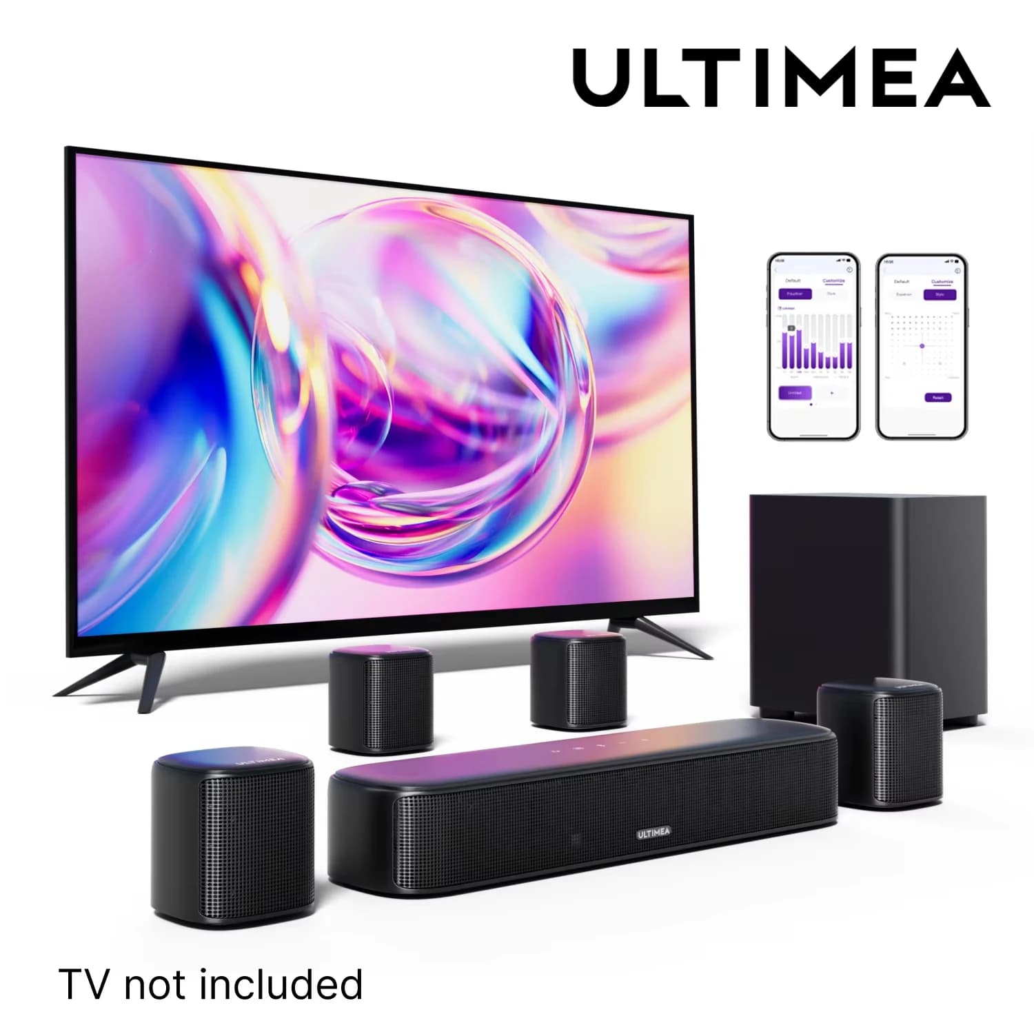 ULTIMEA 7.1 channel audio bar system for TV with 4 surround speakers, virtual surround sound controlled by app, audio home theater